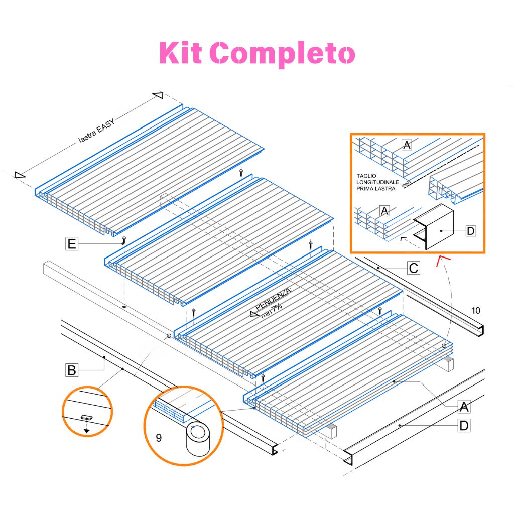 Kit di copertura per tettoie in policarbonato ad incastro