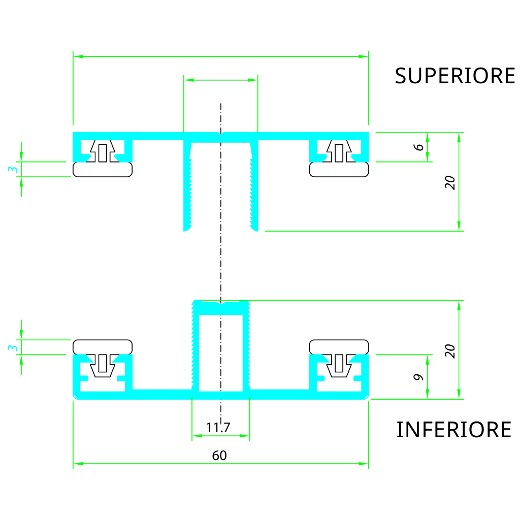 Schema tecnico profilo H da 60 mm in alluminio superiore inferiore