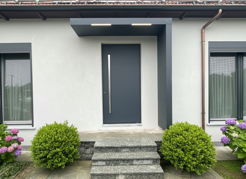 Pensilina Design Plus con LED installata all’ingresso di una villa moderna