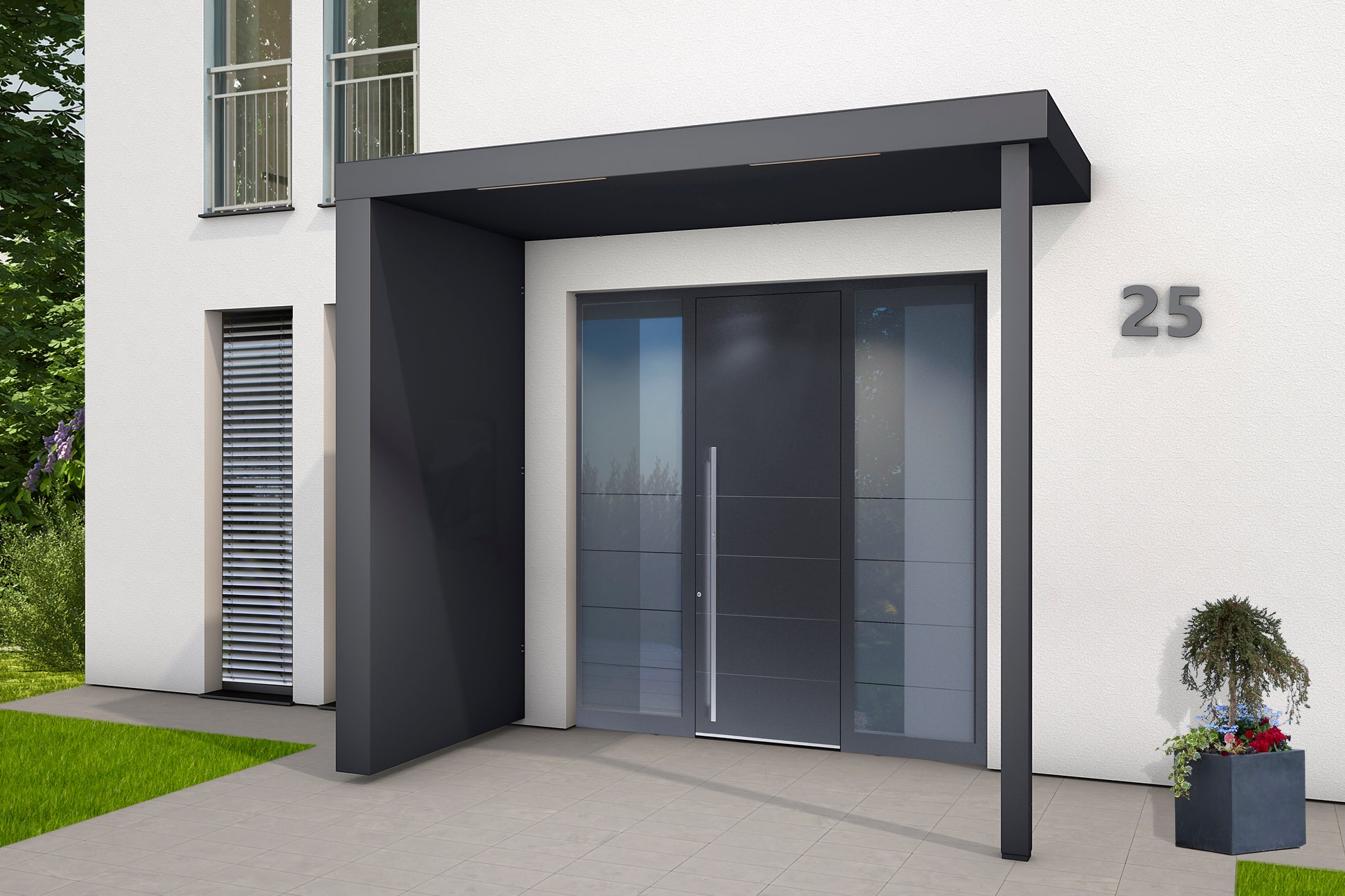 Pensilina design da 250 cm di larghezza e 125 cm di sporgenza con pannello laterale