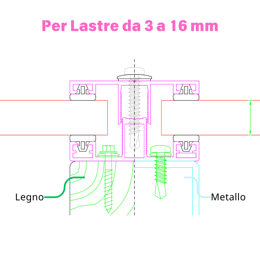 Schema tecnico profilo H in alluminio per lastre da 3 a 16 mm