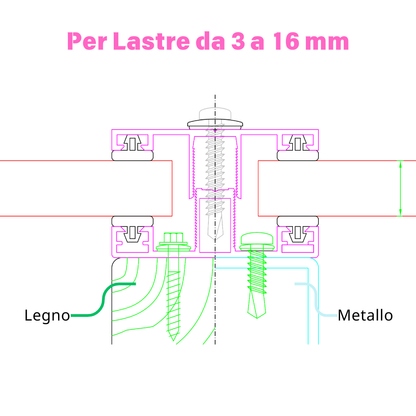 Schema tecnico profilo H in alluminio per lastre da 3 a 16 mm