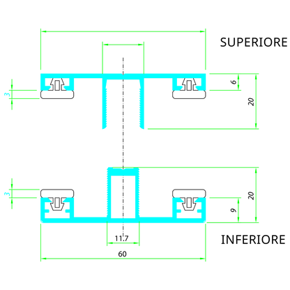 Schema tecnico profilo H da 60 mm in alluminio superiore inferiore