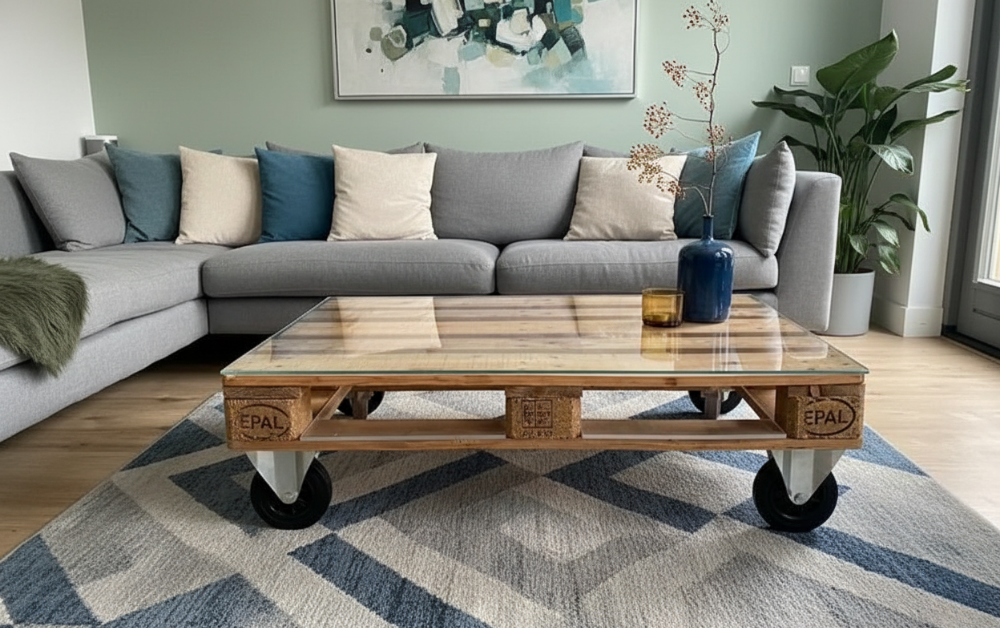 Top di rivestimento per pallet in legno usato come tavolino da salotto