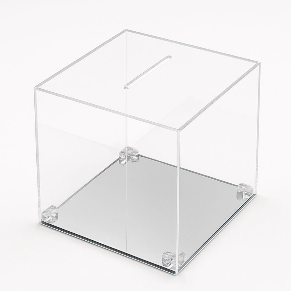 Urna in plexiglass trasparente con base argento specchiata